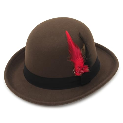 EOZY Bowler Hüte für Männer Frauen Vintage Derby Fedora Hut Roll Krempe abnehmbare Feder Party Kostüm Hut Dunkelbraun von EOZY