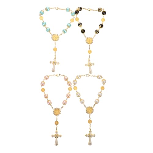EPIGEIST 4 Stück Teiliges Kreuz Rosenkranz Armband mit Gebogenen Nadel Perlen Handgefertigt Langlebig und Sicher Spirituelles Schmuckstück für Damen und Herren Autoanhänger Geeignet von EPIGEIST