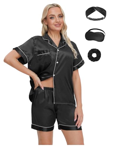 EPLAZA Frauen Seidensatin Pyjamas Set mit Augenmaske Haarband Haarband Kurzarm Knopf unten Schlafanzug Loungewear Freizeit Pjs (Black, L) von EPLAZA