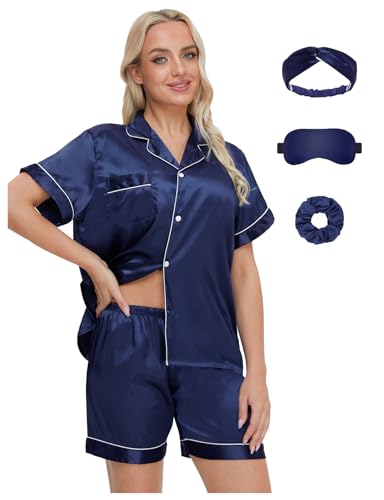 EPLAZA Frauen Seidensatin Pyjamas Set mit Augenmaske Haarband Haarband Kurzarm Knopf unten Schlafanzug Loungewear Freizeit Pjs (Navy, XXL) von EPLAZA