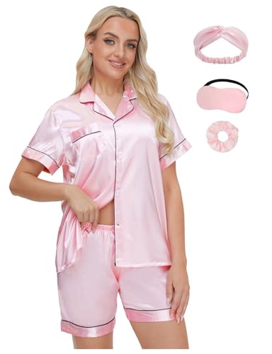 EPLAZA Frauen Seidensatin Pyjamas Set mit Augenmaske Haarband Haarband Kurzarm Knopf unten Schlafanzug Loungewear Freizeit Pjs (Pink, L) von EPLAZA