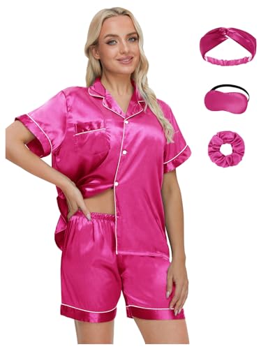 EPLAZA Frauen Seidensatin Pyjamas Set mit Augenmaske Haarband Haarband Kurzarm Knopf unten Schlafanzug Loungewear Freizeit Pjs (Rose, L) von EPLAZA
