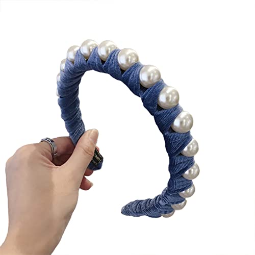 Damen-Stirnbänder, Haarreifen, modisches Damen-Haarband mit eingelegten Kunstperlen aus Samt, breites Stirnband-Accessoire(Blue Grey) von EQEQE