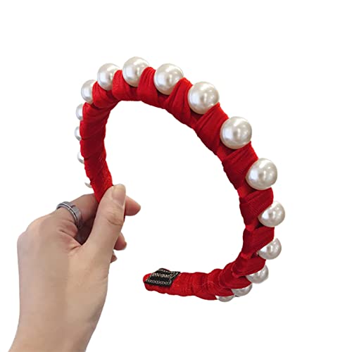 Damen-Stirnbänder, Haarreifen, modisches Damen-Haarband mit eingelegten Kunstperlen aus Samt, breites Stirnband-Accessoire(Red) von EQEQE