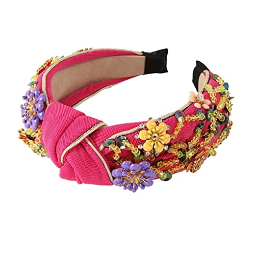 Damen-Stirnbänder, breite Stirnbänder aus Kunst-Strasssteinen, bunte Blumen, modisch, Vintage, elastisch(Red) von EQEQE