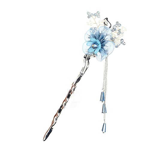 Haarstab, chinesische Haarnadel, Haarstäbchen, Haarstäbchen, Haarstäbchen aus Metall, baumelnde Quastenkette, Haarstäbchen, elegante Haarnadeln mit blauem Blumenmuster for dickes Haar von EQEQE