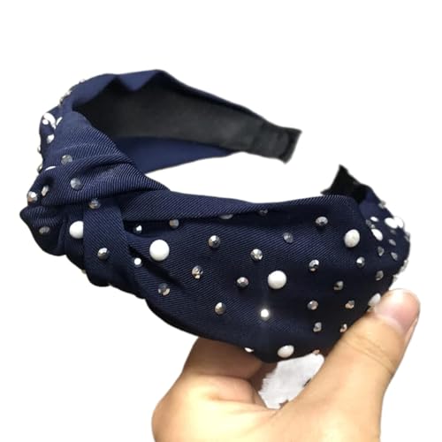 Stirnbänder for Damen, Damen-Stirnband, einfarbig, Knoten, gute Elastizität, koreanischer Stil, einfaches Haarband, Haar-Accessoires, Damen-Stirnband, Kunstperlen(Blue) von EQEQE