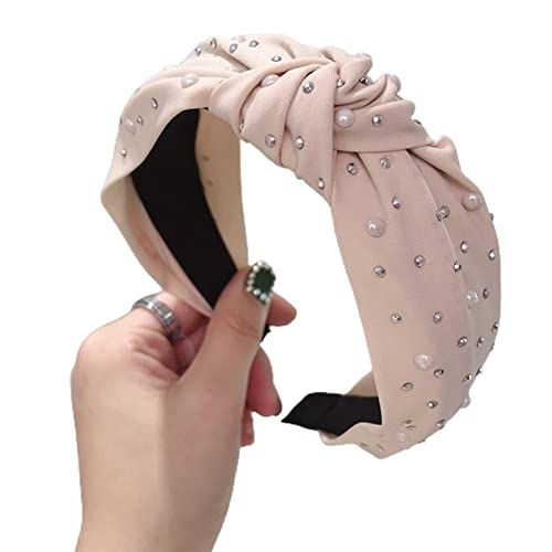 Stirnbänder for Damen, Damen-Stirnband, einfarbig, Knoten, gute Elastizität, koreanischer Stil, einfaches Haarband, Haar-Accessoires, Damen-Stirnband, Kunstperlen(Pink) von EQEQE