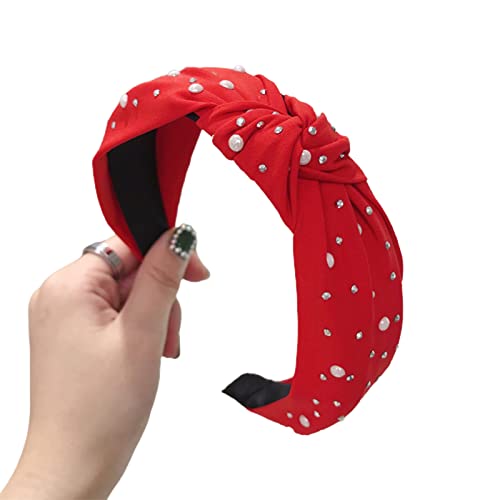 Stirnbänder for Damen, Damen-Stirnband, einfarbig, Knoten, gute Elastizität, koreanischer Stil, einfaches Haarband, Haar-Accessoires, Damen-Stirnband, Kunstperlen(Red) von EQEQE