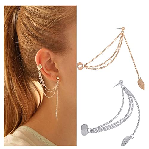 EQLEF 2 Paare Blatt Ohrringe Ohr Manschetten Mädchen Stilvolle Punk Dangle Ohrring Rock Lange Kette Ohrring Quaste Dangle Ohrmanschette Kette Warp Ohrring Silber und Gold Ohrringe von EQLEF