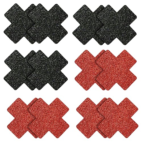 6 Paare Glitzer Nippelabdeckung Kreuzform, Cross Form Glitter Petal Pasties Selbstklebende unsichtbare dünne Brustwarzen Abdeckungen Aufkleber für Frauen Mädchen Damenbäckerei Kleid (Rot/Schwarz) von EQLEF