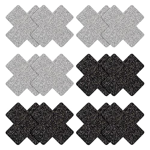 6 Paare Glitzer Nippelabdeckung Kreuzform, Cross Form Glitter Petal Pasties Selbstklebende unsichtbare dünne Brustwarzen Abdeckungen Aufkleber für Frauen Mädchen Damenbäckerei Kleid (Silber/Schwarz) von EQLEF
