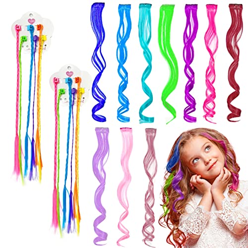 Bunte Haarsträhnen Kinder, Hhaarsträhnen Zum Einklipsen Kinder Hhaarsträhnen Zum Einflechten Haarverlängerung Lockig Bunte Strähnen für Mädchen Haarschmuck Partyzubehör Kinder Leistung (22PCS) von EQLEF