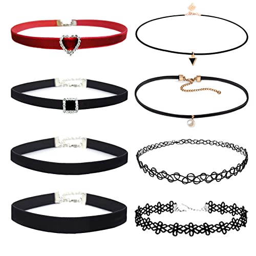 EQLEF Choker-Halsketten für Frauen 8-teilig, klassisches Choker-Set für Mädchen, rot, schwarz, Samt-Choker, Spitzen-Choker, Tattoo-Choker-Halskette für Alltag und Party(Schwarz und Rot) von EQLEF