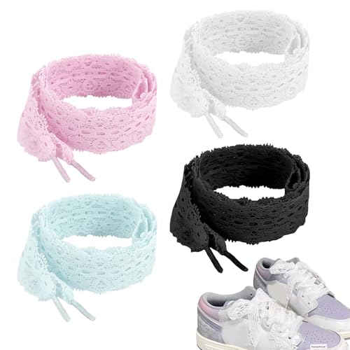 EQLEF 4 Paar Schnürsenkel Spitze für Trainer, Mode 120CM weiße Trainerschneppen Frauen 3CM Breite Mädchen Flache Weiße Schuhschneppen für 5-6 Löcher Trainingsschuhe und Sportschuhe von EQLEF