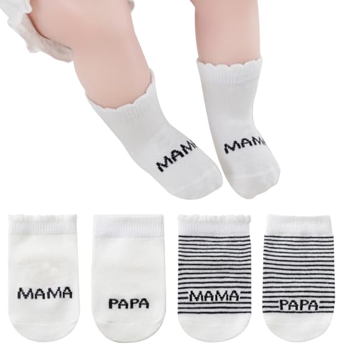 EQLEF Baby Socken Geschenk, 4 Paar MaMa & PaPa Baby Baumwolle Socken Neugeborene Dünne Sockens 0-3 Monate Babys Mädchen Jungen Zuhause Süße Sockens Geschenk für Babys Dusche Weihnachten Neues Jahr von EQLEF
