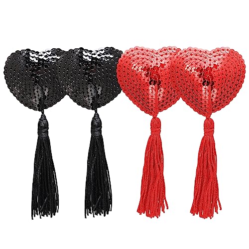 EQLEF Dessous Brust Blütenblatt Pasty, Klebstoff Pailletten Pasties mit Quasten Nipple Covers Set von (Schwarz Rot) von EQLEF