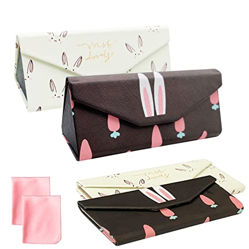 EQLEF Faltbares Brillenetui Faltbar, 2PCS Dreieck Faltbare Brillenetui Hartschale Süßes Kaninchen Tragbar Sonnenbrillenbox glasses case mit Reinigungstuch für Grils-Frauen (Schwarz und Weiß) von EQLEF