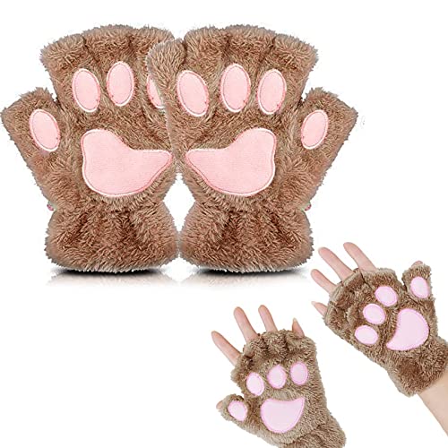 EQLEF Fingerlose Katzenpfoten Handschuhe - Nette Halbe Warme Winterhandschuhe Mit Krallen für Damen, Frauen, Lady Und Teenage Mädchen (Braun) von EQLEF