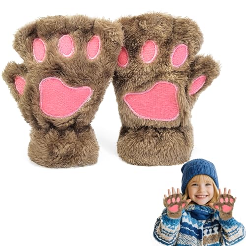 EQLEF Fingerlose Katzenpfoten Handschuhe - Nette Halbe Warme Winterhandschuhe Mit Krallen für Kinder Mädchen (Kinder-Chaki) von EQLEF