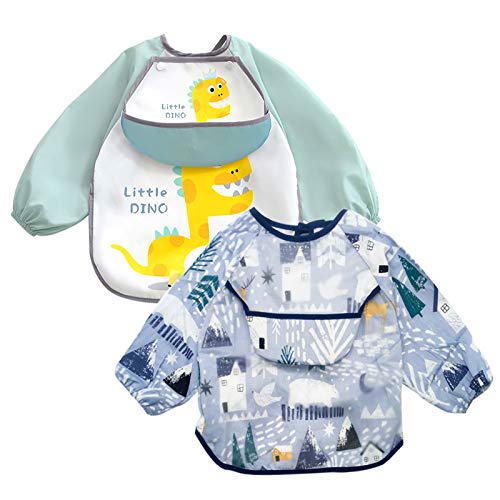 EQLEF Langarm Baby Lätzchen, wasserdichte Fütterungslätzchen Schürze Kinder Gemälde Waschbar für Kleinkinder 1 bis 3 Jahre alt (2er Pack)… (Grün) von EQLEF