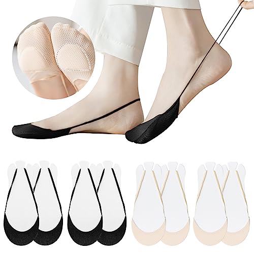 EQLEF No Show Socken Damen, 4 Paar Füßlinge Damen mit Sling Back Ballerina Socken Invisible Toe Topper Socks für High Heels, Loafer Flats Boot Schuhe (4 Paar Nude+Schwarz) von EQLEF