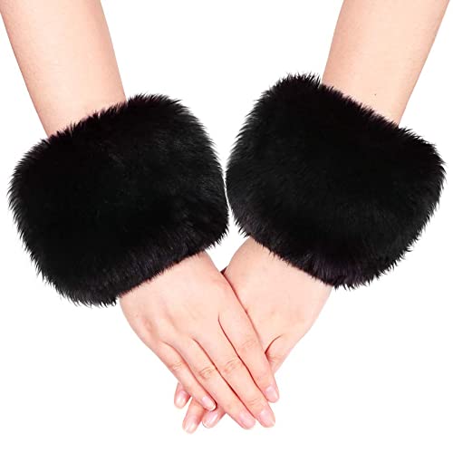 EQLEF Pelz-Handgelenk-Band, Faux-Pelz-Handgelenk-Band-Ring-Manschetten Weiche Winter-Arm-Wärmer-Hülsen für Frauen (schwarz) von EQLEF