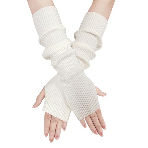 EQLEF Winter Arm Warmers, Armstulpen Gestrickt, Armstulpen Damen Winter Warm Armwärmer Handstulpen Damen Winter Stulpen Arm Lange Handschuhe Ohne Finger für Den Winter (Weiß, 40 * 6.5cm) von EQLEF