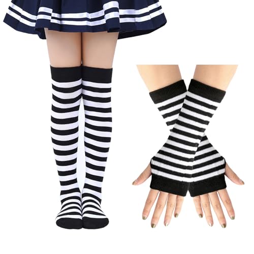 Fancy Kniestrümpfe Mädchen 6-12 Jahre, Stulpen Mädchen mit Langen Fingerlosen Handschuhen Mädchen Kostüm Oberschenkel Hohe Socken für Weihnachten Halloween Karneval Themenparty (Schwarz und Weiß) von EQLEF