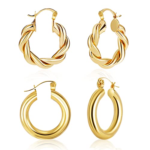 Gold Chunky Creolen Set FüR Frauen,Ohrringe Gold Creolen Chunky Goldene Hoop Ohrringe Creolen Gold Set Dicke Creolen Gold Damen Creolen Verdreht für Frauen MäDchen 26 mm (2 Paar) von EQLEF