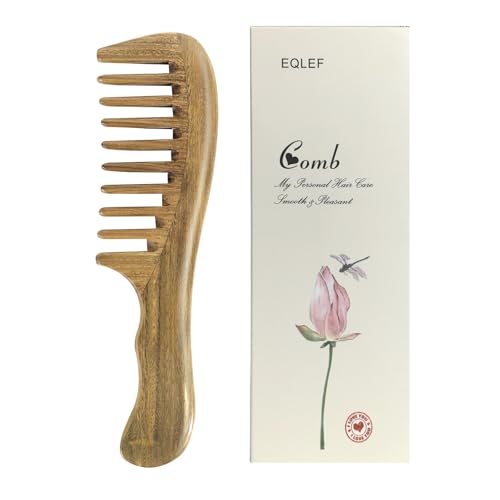 Holz Locken Kamm für Lockiges, Dickes Haar, Natürliches Grün Sandelholz Holz Trennkamm Mit Griff Antistatischer Holzkamm für Frauen und Männer von EQLEF