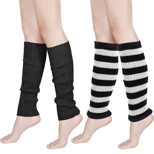 Stulpen damen, Beinwärmer Socken Schwarz und Weiß Streifen Knöchelwärmer Weiche Schwarz Gestrickte Beinwärmer Cosy High Boot Manschetten für Mädchen und Damen (beinwärmer, Schwarz,Schwarz und Weiß) von EQLEF