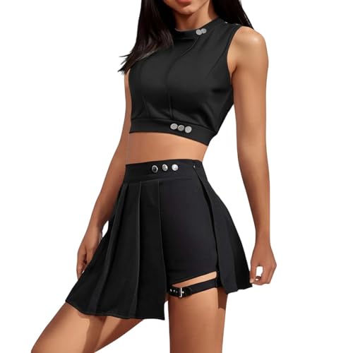 2 teiler Damen Sommer, Festival Outfit Damen Zweiteiler Sommer Rock Und Top Gothic Hosenrock Kurze Crop Tank Tops Culottes Hosen Casual Minirock Asymmetrisch Röcke Mit Schnalle von EQWIGKEIT