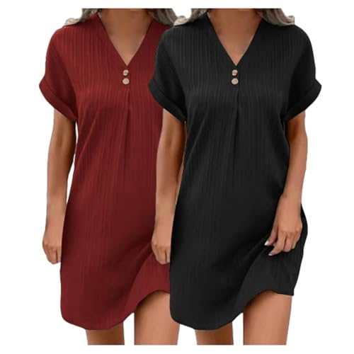 2er Pack Musselin Kleid Damen Leicht und Luftig Tunikakleid Einfarbige mit Knöpfen Sommer V-Ausschnitt Musselin Bluse Kleid Strandkleid A-Linie Midikleid Freizeitkleid Lässiges Kurzarm Sommerkleid von EQWIGKEIT