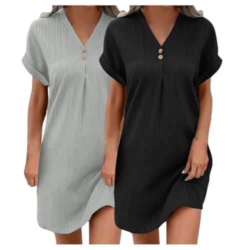 2er Pack Musselin Kleid Damen Leicht und Luftig Tunikakleid Einfarbige mit Knöpfen Sommer V-Ausschnitt Musselin Bluse Kleid Strandkleid A-Linie Midikleid Freizeitkleid Lässiges Kurzarm Sommerkleid von EQWIGKEIT