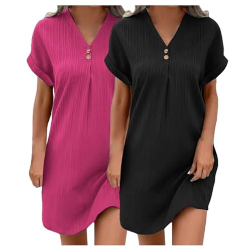 2er Pack Musselin Kleid Damen Leicht und Luftig Tunikakleid Einfarbige mit Knöpfen Sommer V-Ausschnitt Musselin Bluse Kleid Strandkleid A-Linie Midikleid Freizeitkleid Lässiges Kurzarm Sommerkleid von EQWIGKEIT