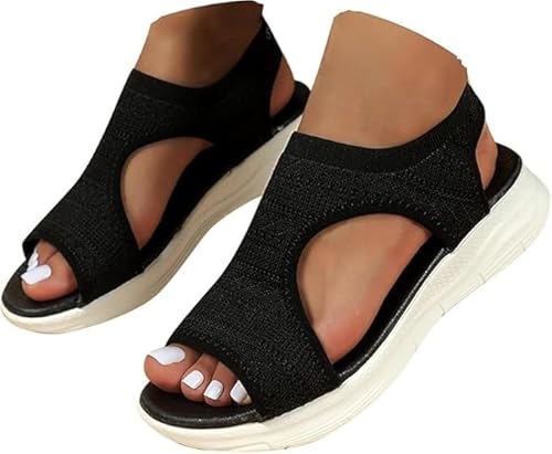 EQWIGKEIT Damen Sandalen Sommer Mesh Orthopädische Schuhe Bequem Waschbare Slingback Orthopädische Slide Sport Sandaletten mit Weiche Fussbett Outdoor Wassersandalen Casual Strick Plateau Sandalen von EQWIGKEIT