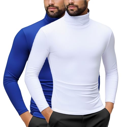 EQWIGKEIT 2 Pack Rollkragenpullover Herren Baumwolle Slim Fit Langarmshirts Einfarbig Basic Tshirt Dünn Bequeme Rollkragenshirt Langarm Unterziehshirt Elastisch Casual Tops Sweatshirt von EQWIGKEIT