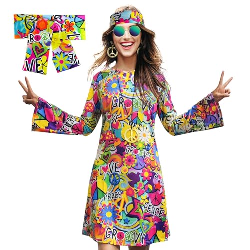 EQWIGKEIT 70er Jahre Kleid, Hippie Kostüm Damen Set, 60er Kleid Kleidung Frauen Mädchen Disco Kleider mit Accessoires Faschingskostüme für Karneval Cosplay von EQWIGKEIT