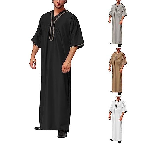 EQWIGKEIT Abaya Herren Kurzarm Muslim Kaftan Herren Retro Kaftan Roben Halbe Ärmel Thobe Muslimische Kleidung Lang Große Größen Männer Royalty Afghanische Dubai Robe Islamisch Ramadan Gebetskleidung von EQWIGKEIT