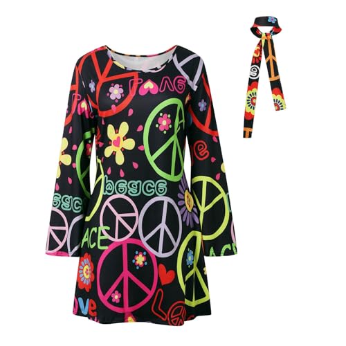 EQWIGKEIT Hippie Kostüm Damen Set60er 70er Kleid Kleidung Frauen Mädchen Disco Kleider mit Jahre Accessoires Faschingskostüme für Karneval Cosplay von EQWIGKEIT