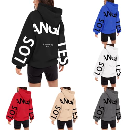 EQWIGKEIT Backprint Hoodie Damen mit Aufdruck Los Angeles Oversize Pullover Mit Kapuze Sweatshirt Baumwolle Freizeit Kapuzenpullover Langarm Oberteile Langarmshirt Tops Vintage Kuschelpullover Damen von EQWIGKEIT