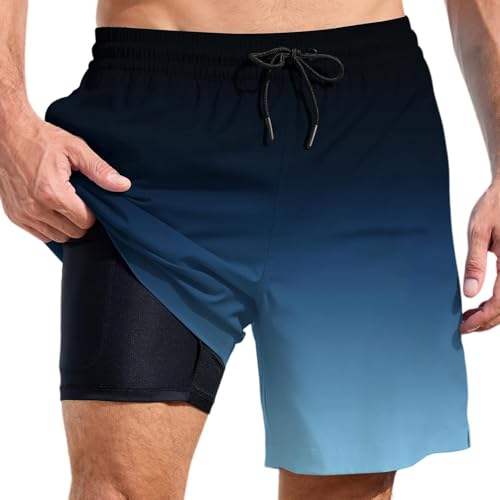 EQWIGKEIT Badehose Herren kurz, Badehose Mit Innenhose Herren Elastisch Atmungsaktiv Schwimmhosen mit Tunnelzug Boardshorts Schnelltrocknend Strandshorts Sport Shorts 2 In 1 Bademode Kurz Badeshorts von EQWIGKEIT