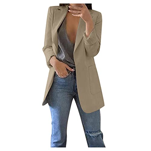 EQWIGKEIT Blazer Damen Elegant Einfarbig Anzug Jacke Mit Doppelter Seitentasche Langarm Business Büro Slim Fit Blazerjacke Open Front Anzugjacke Trenchcoat Reverskragen Übergangsjacke Outwear von EQWIGKEIT