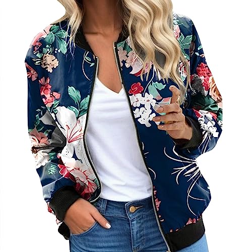 EQWIGKEIT Bomberjacke Damen Lässig Bikerjacke Leicht Pilotenjacke Vintage College Jacke Übergangsjacke Damen Oversized ReißVerschluss Kurz Outwear Blumenmuster Casual Mantel Langarm Motorradjacke von EQWIGKEIT