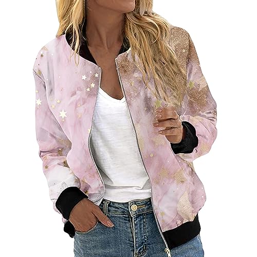 EQWIGKEIT Bomberjacke Damen Lässig Bikerjacke Leicht Pilotenjacke Vintage Freizeitjacke Kurz Übergangsjacke Oversized Sweatjacke Blumenmuster Reißverschluss Jacket Fliegerjacke Motorradjacke von EQWIGKEIT