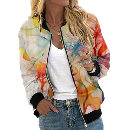 EQWIGKEIT Bomberjacke Damen Lässig Bikerjacke Leicht Pilotenjacke Vintage Freizeitjacke Kurz Übergangsjacke Oversized Sweatjacke Blumenmuster Reißverschluss Jacket Fliegerjacke Motorradjacke von EQWIGKEIT