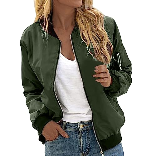 EQWIGKEIT Bomberjacke Damen Lässig Bikerjacke Leicht Pilotenjacke Vintage Freizeitjacke Kurz Übergangsjacke Oversized Sweatjacke Farbverlauf Damenjacke Langarm Fliegerjacke Motorradjacke (Green-A, M) von EQWIGKEIT