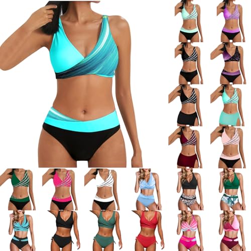 EQWIGKEIT Damen Bikini Set Zweiteiliger Badeanzug V Ausschnitt überkreuztes Bikini Bademode Bauchkontrolle High Waist Bikini Sets Swimsuit Push Up Strandbikini Triangel Breites Swimsuit 2024 von EQWIGKEIT