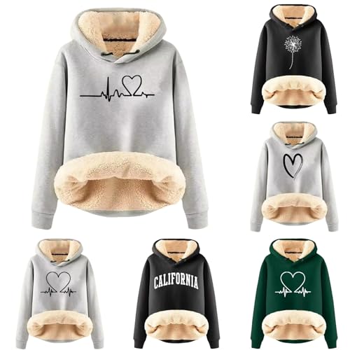 EQWIGKEIT Damen Pullover, Damen Pullover Oversize Herzdruck Gefütterter Fleecepullover Hoodie Winter Fleece Outdoor Winterpullover Casual Warm Sweatshirt Kapuzenpulli Teddy Kapuzenpullover von EQWIGKEIT
